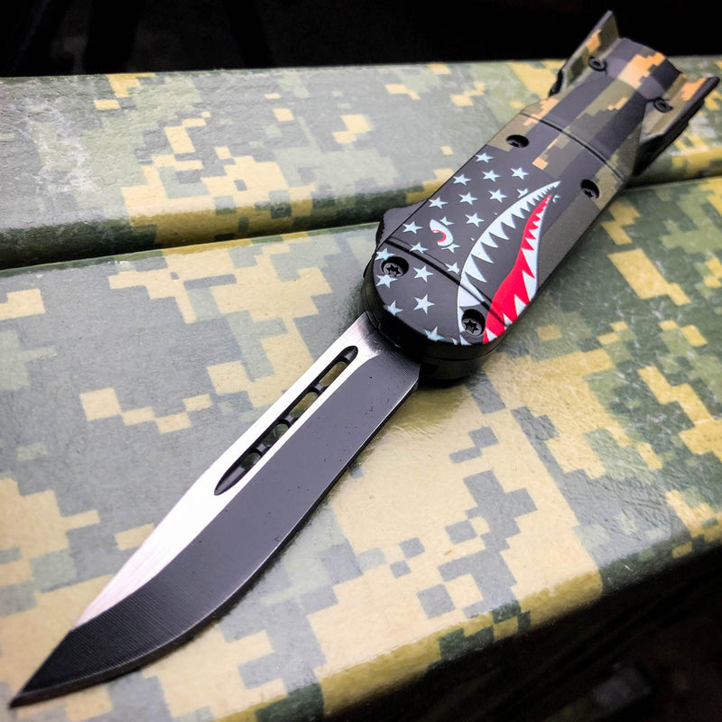 Shark Bomb FIGHTER OTF Green Camo Black Single Sided Blade - BLADE ADDICT