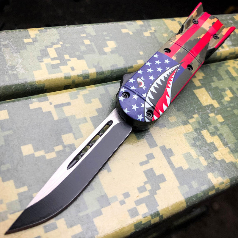 Shark Bomb FIGHTER OTF Green Camo Red Single Sided Blade - BLADE ADDICT