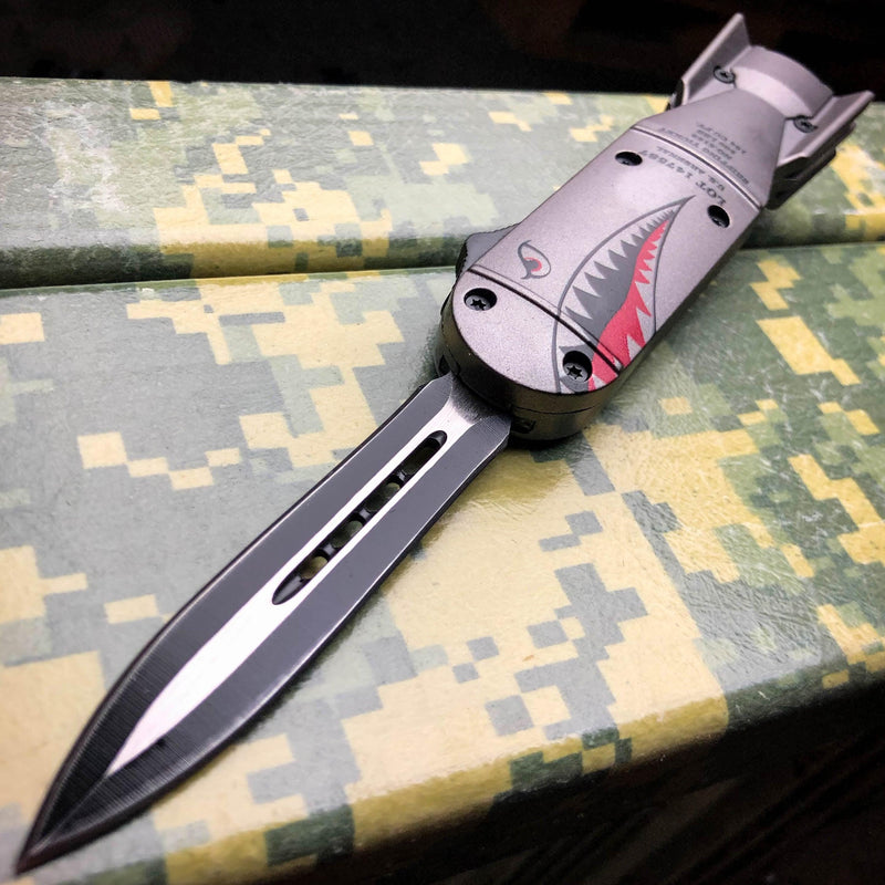 Shark Bomb FIGHTER OTF Grey Double Sided Blade - BLADE ADDICT