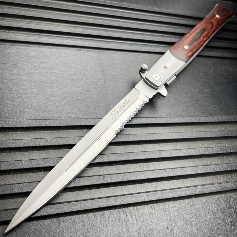 MILSPEC 13" Extra Large Spring Assisted Open STILETTO HARDWOOD Pocket Knife NEW - BLADE ADDICT