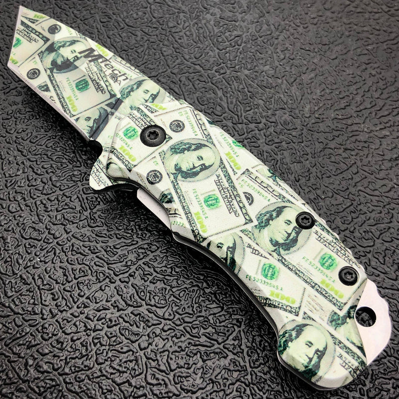 5" MTECH USA Snub MONEY Spring Open Assisted ONE HUNDRED Folding Pocket Knife Money Camo - BLADE ADDICT