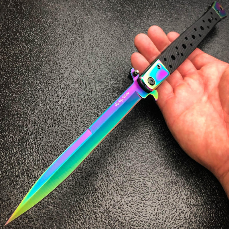 13" Extra Large BIG BOY Milano Stiletto Blade Assisted Open Folding Pocket Knife Rainbow - BLADE ADDICT