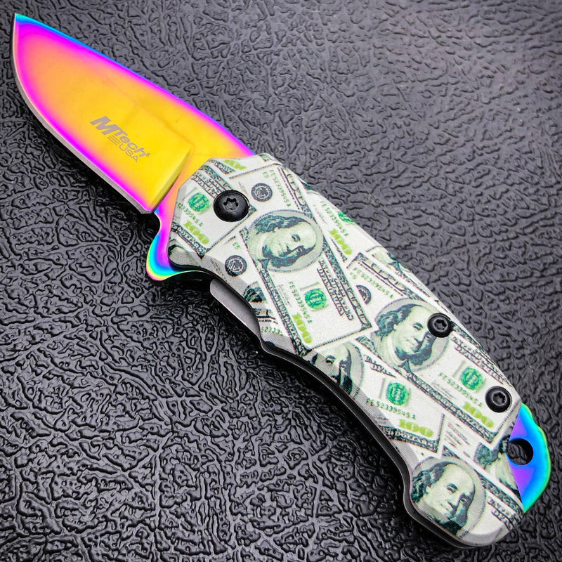 5" MTECH USA Snub MONEY Spring Open Assisted ONE HUNDRED Folding Pocket Knife Rainbow - BLADE ADDICT