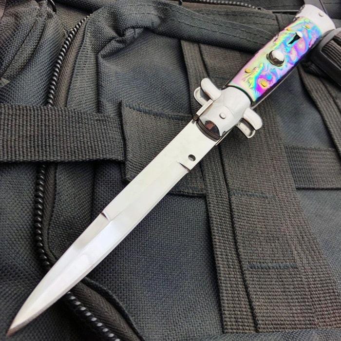 9.5" Italian Style Stiletto Switch Blade Pocket Knife Dragon Rainbow - BLADE ADDICT