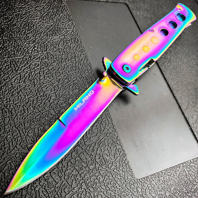 9" Limited Edition Stiletto Spring Open Assisted Folding Pocket Knife Tactical Rainbow - BLADE ADDICT
