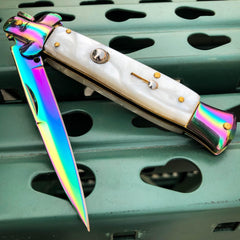 Rainbow Italian Stiletto Switch Blade Pocket Knife - BLADE ADDICT