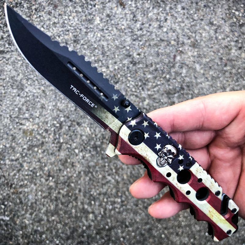 TAC FORCE Spring Opening Assisted SKULL Tactical Rescue USA FLAG Pocket Knife - BLADE ADDICT