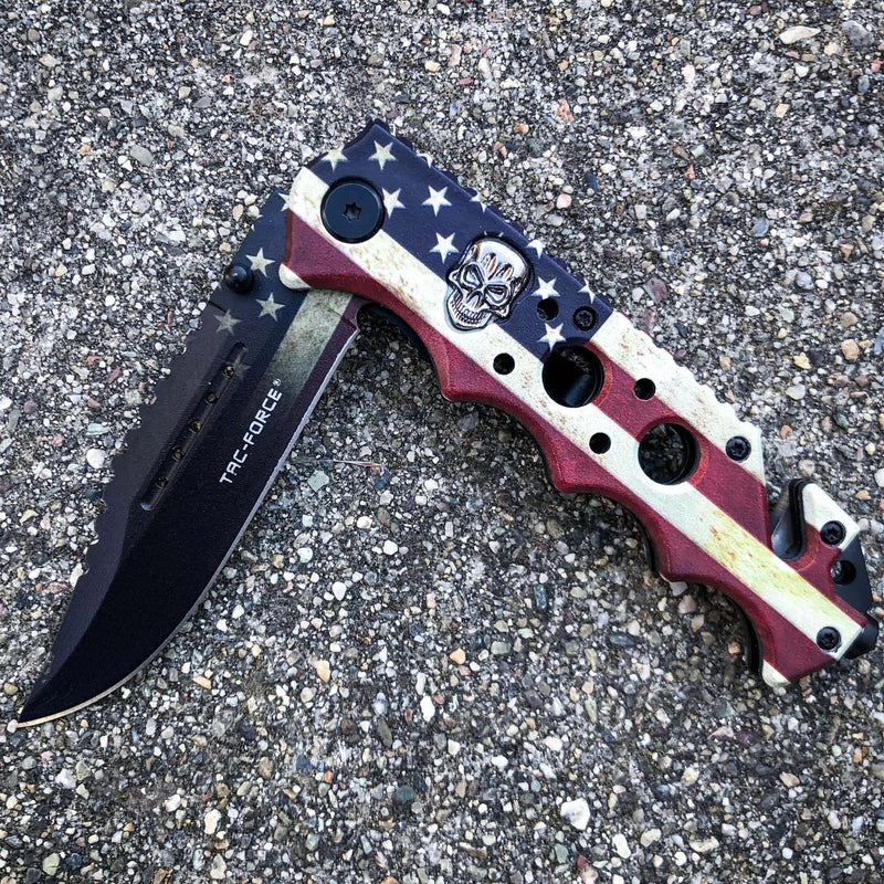 TAC FORCE Spring Opening Assisted SKULL Tactical Rescue USA FLAG Pocket Knife - BLADE ADDICT