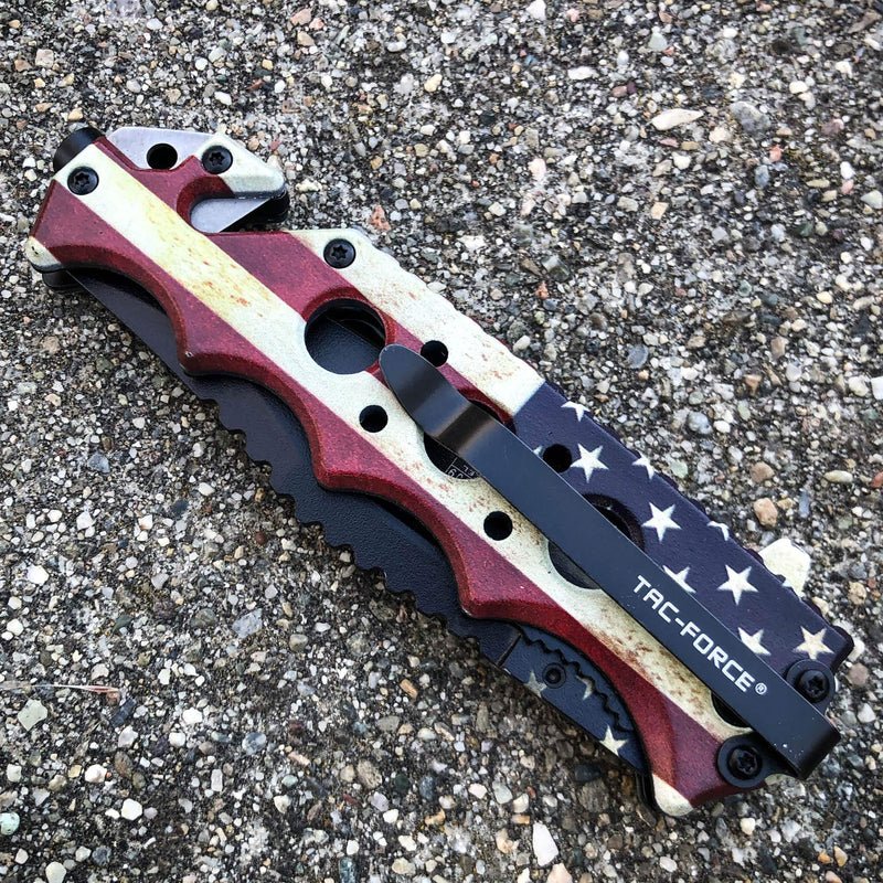 TAC FORCE Spring Opening Assisted SKULL Tactical Rescue USA FLAG Pocket Knife - BLADE ADDICT