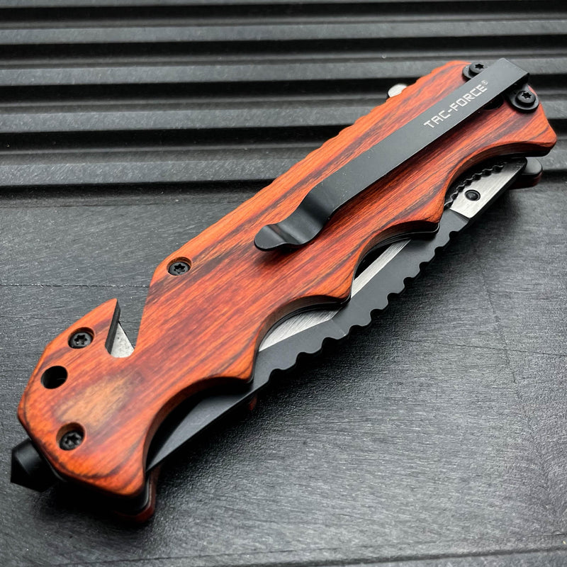 TAC FORCE Tactical Rescue Folding Pocket Knife Spring Assisted Opening Wood NEW - BLADE ADDICT