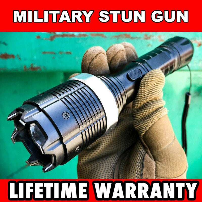8" Military SWAT Tactical 10MV Stun Gun Rechargeable LED ZOOM Flashlight Black - BLADE ADDICT