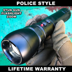 Metal POLICE Stun Gun 999MV Rechargeable LED Zoom Flashlight w/ Case - BLADE ADDICT