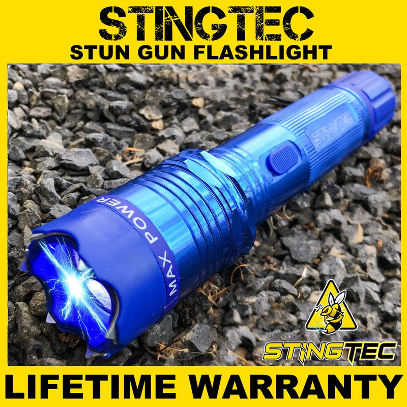 STINGTEC BLUE METAL Stun Gun MAX POWER Rechargeable LED Flashlight w/ Case NEW - BLADE ADDICT