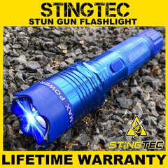 STINGTEC BLUE METAL Stun Gun MAX POWER Rechargeable LED Flashlight w/ Case NEW - BLADE ADDICT