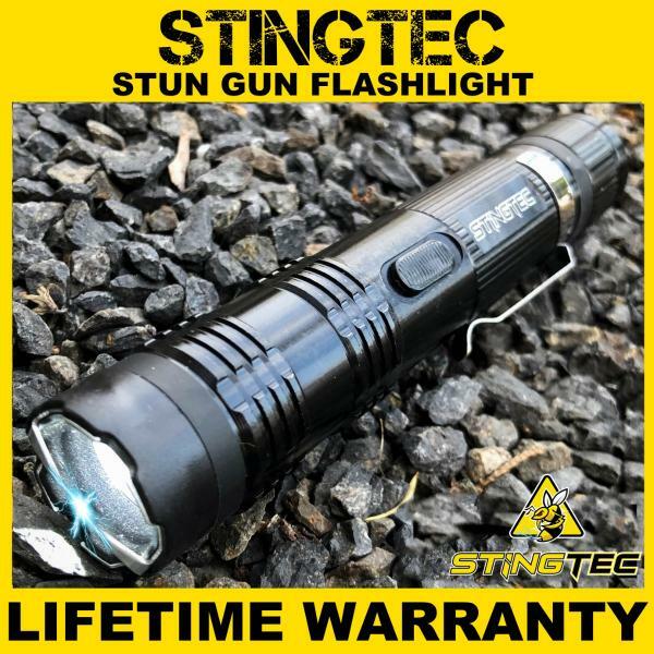 STINGTEC Tactical Stun Gun HIGH POWER Metal Rechargeable LED Flashlight - Black - BLADE ADDICT