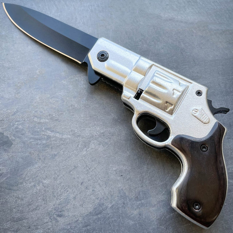 Revolver Spring Assisted Pocket Knife Silver w/ Black Wood - BLADE ADDICT