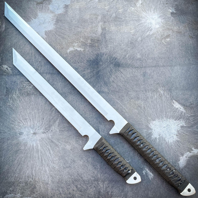 27" & 18" NINJA SILVER SWORD SET Samurai Machete COMBAT FANTASY KNIFE Sheath NEW - BLADE ADDICT