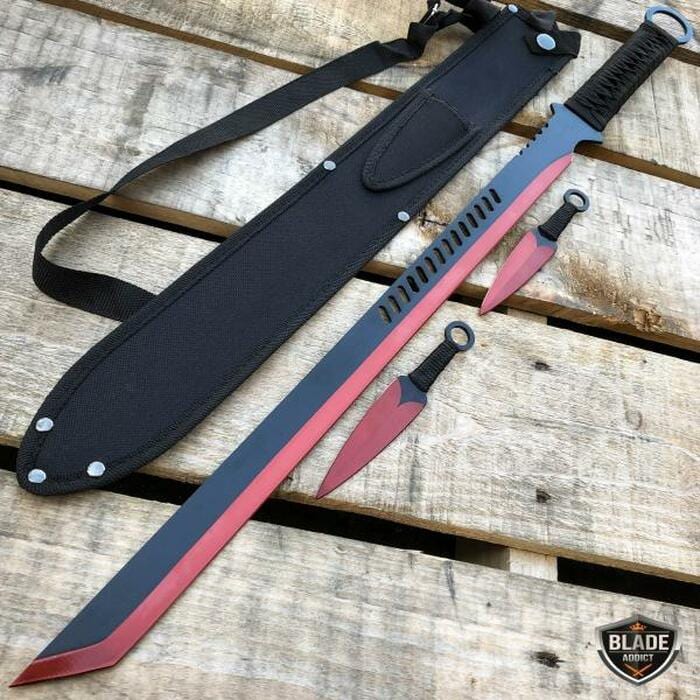 27" Ninja Sword TANTO BLADE Machete w/ 2 Throwing Knife Full Tang - BLADE ADDICT