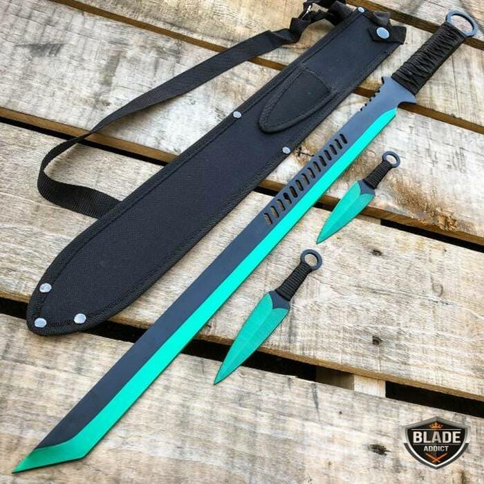 27" Ninja Sword TANTO BLADE Machete w/ 2 Throwing Knife Full Tang - BLADE ADDICT