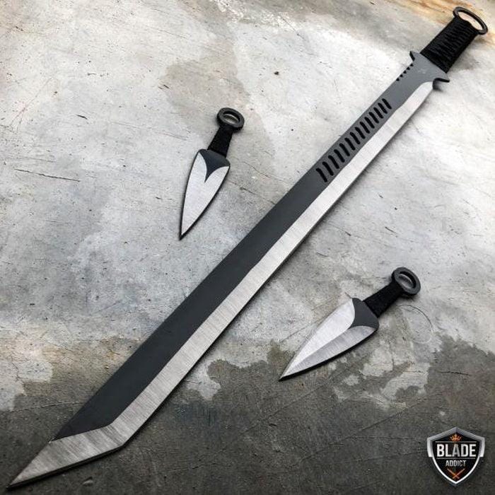 27" Ninja Sword TANTO BLADE Machete w/ 2 Throwing Knife Full Tang - BLADE ADDICT