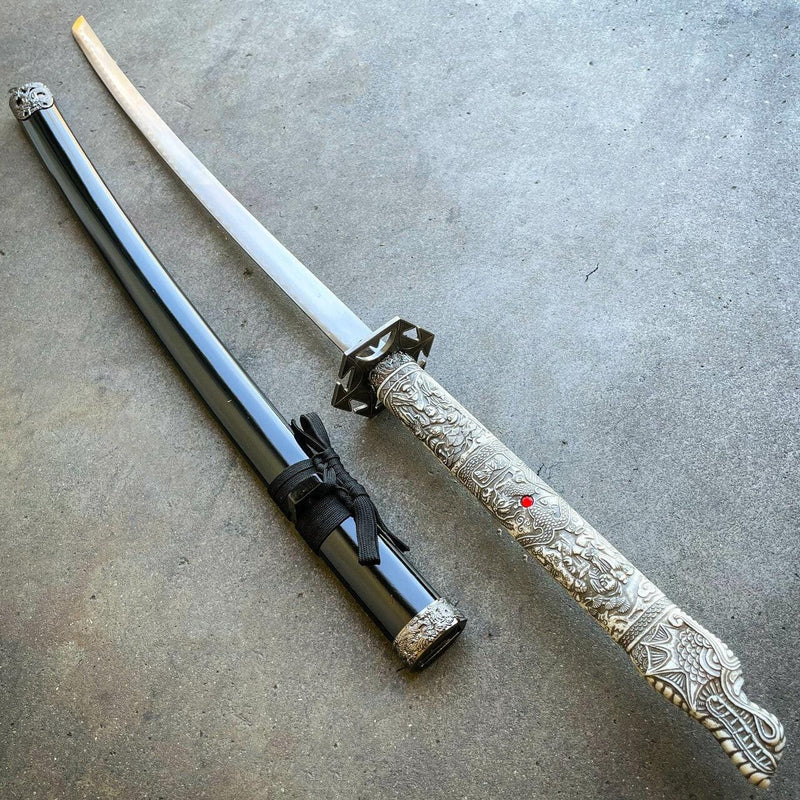 39" White Dragon SAMURAI NINJA Bushido KATANA Japanese Sword Steel Blade Tsuba - BLADE ADDICT