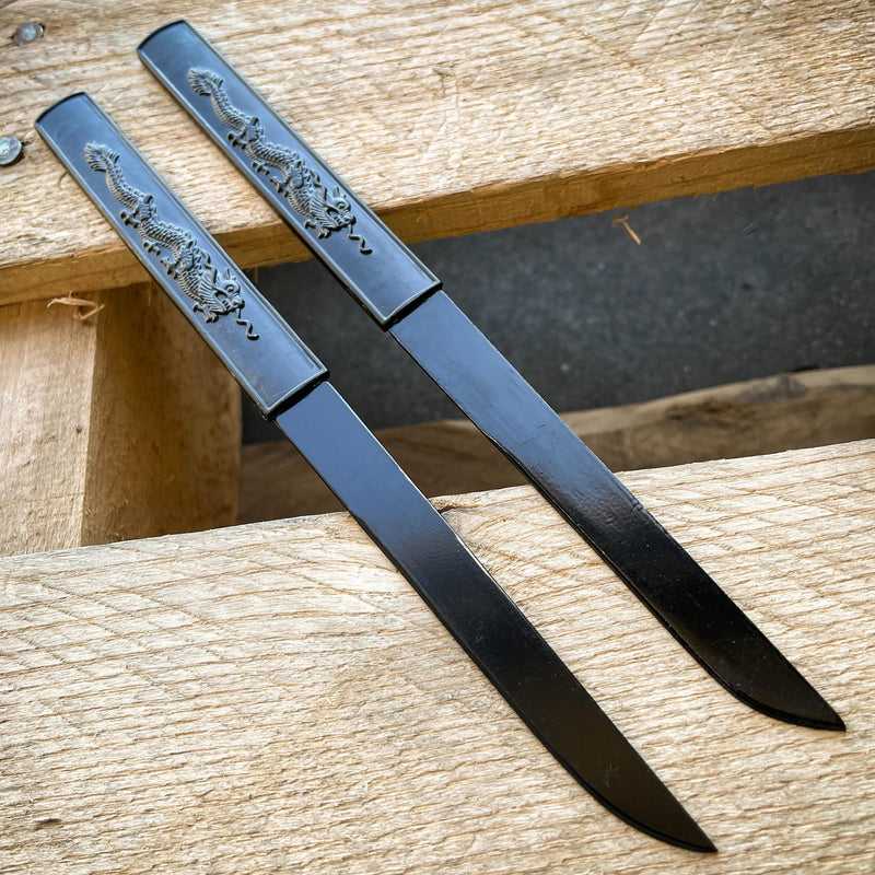 Japanese Samurai Sword KATANA Carbon Steel Blade BLACK Dragon w Throwing Knives - BLADE ADDICT