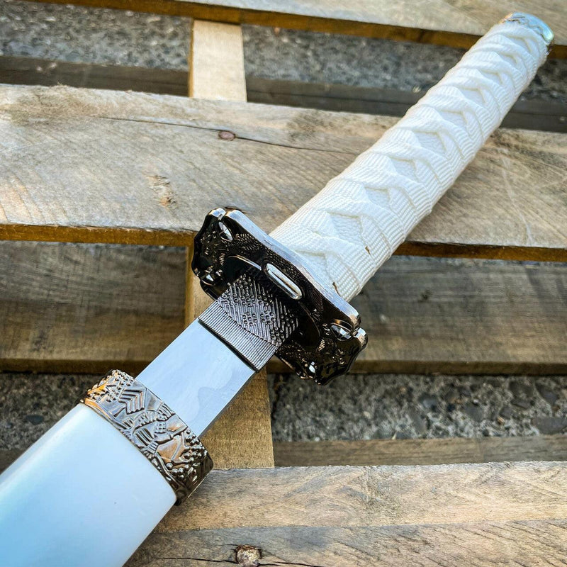 Japanese Samurai Sword KATANA High Carbon Steel Ninja WHITE Dragon Blade w Stand - BLADE ADDICT