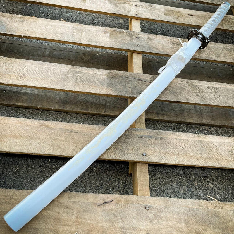 Japanese Samurai Sword KATANA High Carbon Steel Ninja WHITE Dragon Blade w Stand - BLADE ADDICT