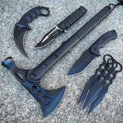 7PC Black Tactical Fixed Blade Tomahawk Axe Hatchet Karambit Pocket Knife Set - BLADE ADDICT