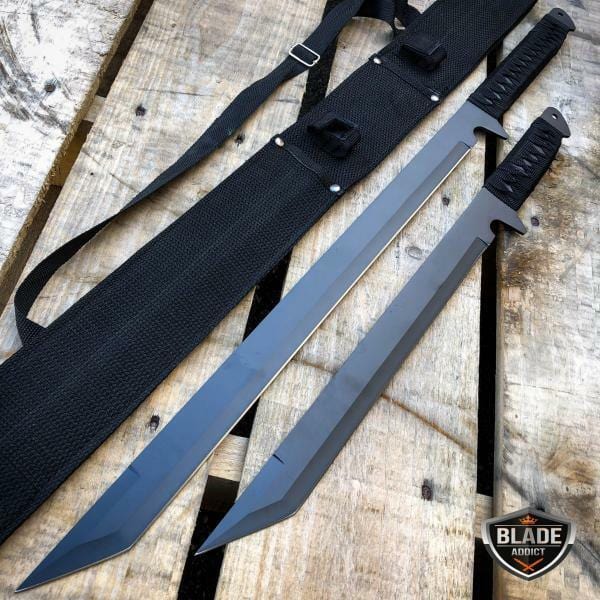 9PC Black Tactical Fixed Blade Sword Machete Axe Hatchet Karambit Knife Set - BLADE ADDICT