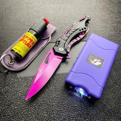 TACTICAL STUN GUN FLASHLIGHT + POCKET KNIFE + PEPPER SPRAY PURPLE SELF DEFENSE - BLADE ADDICT