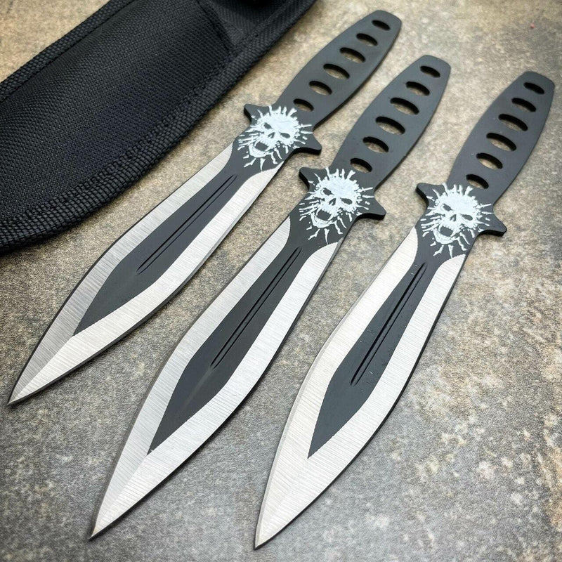 3PC 7.5" Ninja Fixed Blade Tactical Skull Head Naruto Kunai Throwing Knife Set - BLADE ADDICT