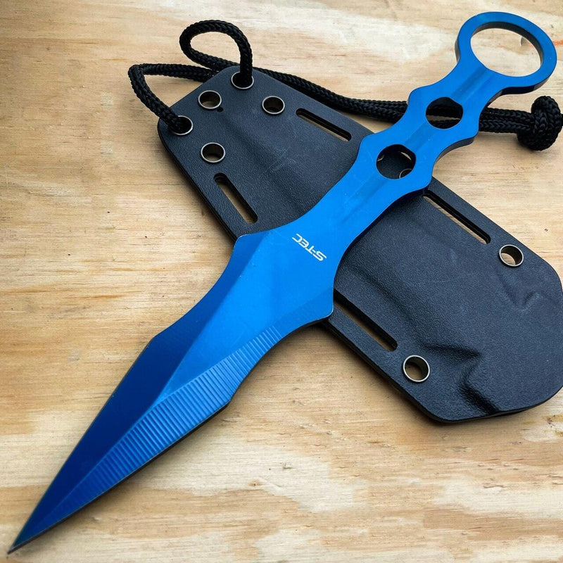 9" Ninja Tactical Fixed Blade Naruto Kunai Karambit Throwing Neck Knife Blue - BLADE ADDICT