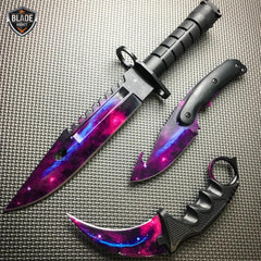 3 PC CSGO Black Galaxy Gut Hook Fixed Blade Bayonet Knife Karambit SET - BLADE ADDICT