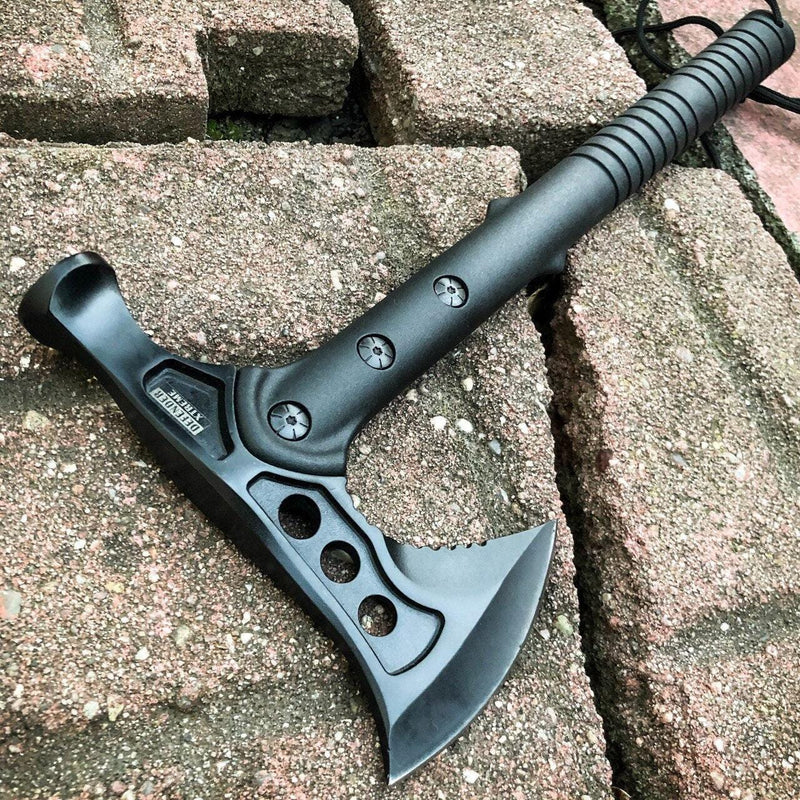 15" Battle Axe BLACK Hatchet Tomahawk Hammer Pin Tactical Fixed Blade - BLADE ADDICT