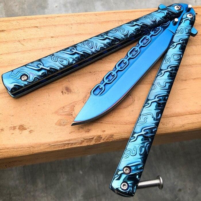 8.75" Fantasy Chain Tactical Balisong Butterfly Knife Blue - BLADE ADDICT