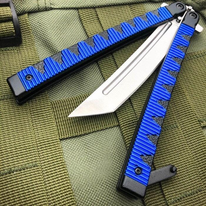 9.5" Samurai Japanese Style Tanto Blade Balisong Butterfly Knife Blue - BLADE ADDICT