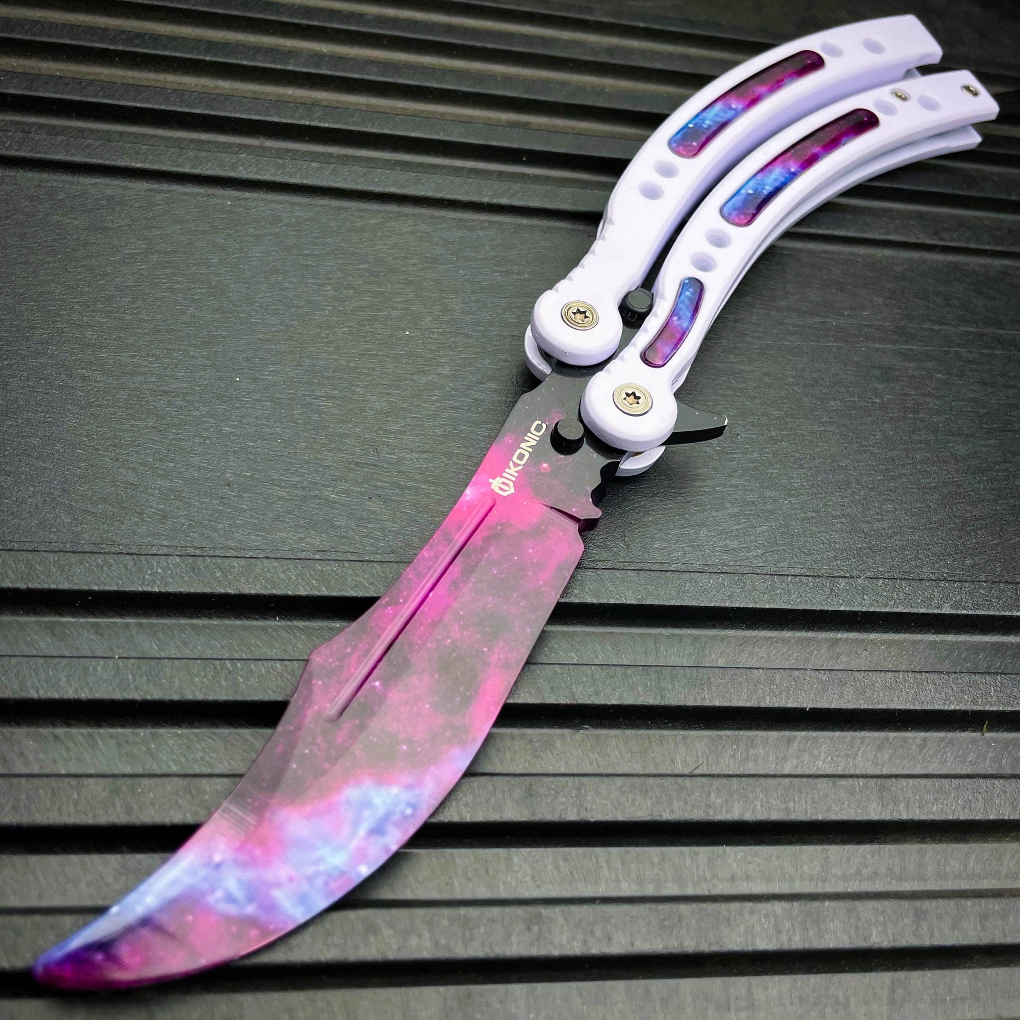CSGO Butterfly Trainer Balisong Knife White Galaxy BLADE ADDICT