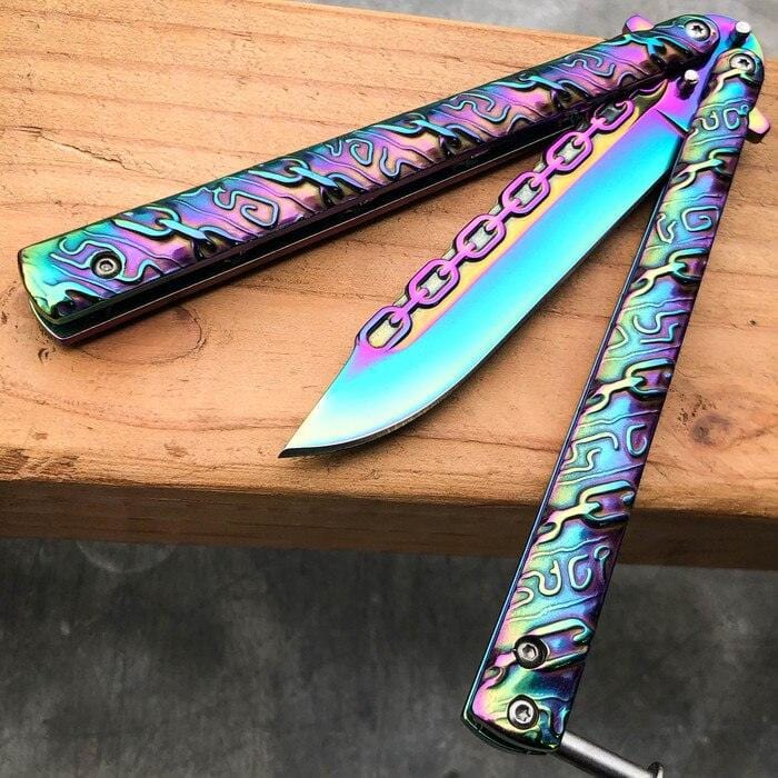 8.75" Fantasy Chain Tactical Balisong Butterfly Knife Rainbow - BLADE ADDICT