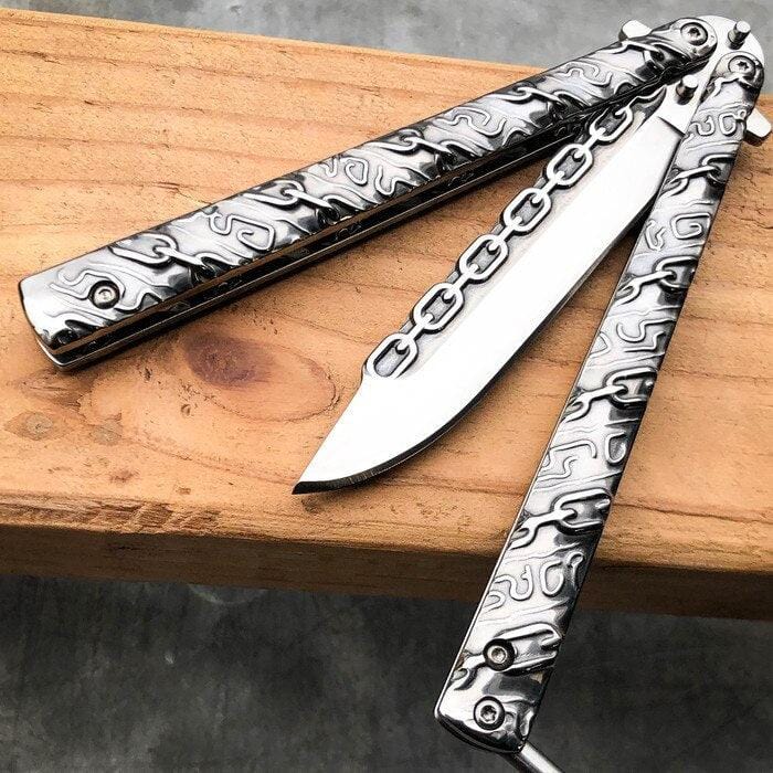 8.75" Fantasy Chain Tactical Balisong Butterfly Knife Silver - BLADE ADDICT