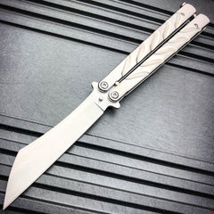 Vortex Balisong Butterfly Knife Silver - Tanto - BLADE ADDICT