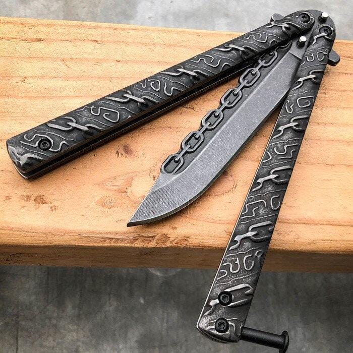8.75" Fantasy Chain Tactical Balisong Butterfly Knife Stonewash - BLADE ADDICT