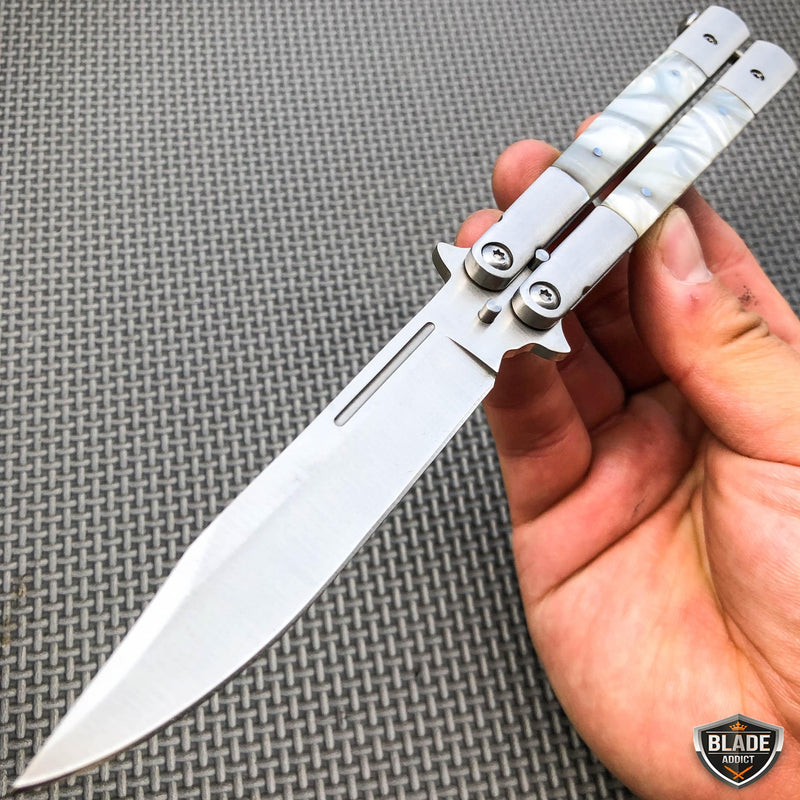 Tactical Balisong Butterfly Knife White Pearl - BLADE ADDICT