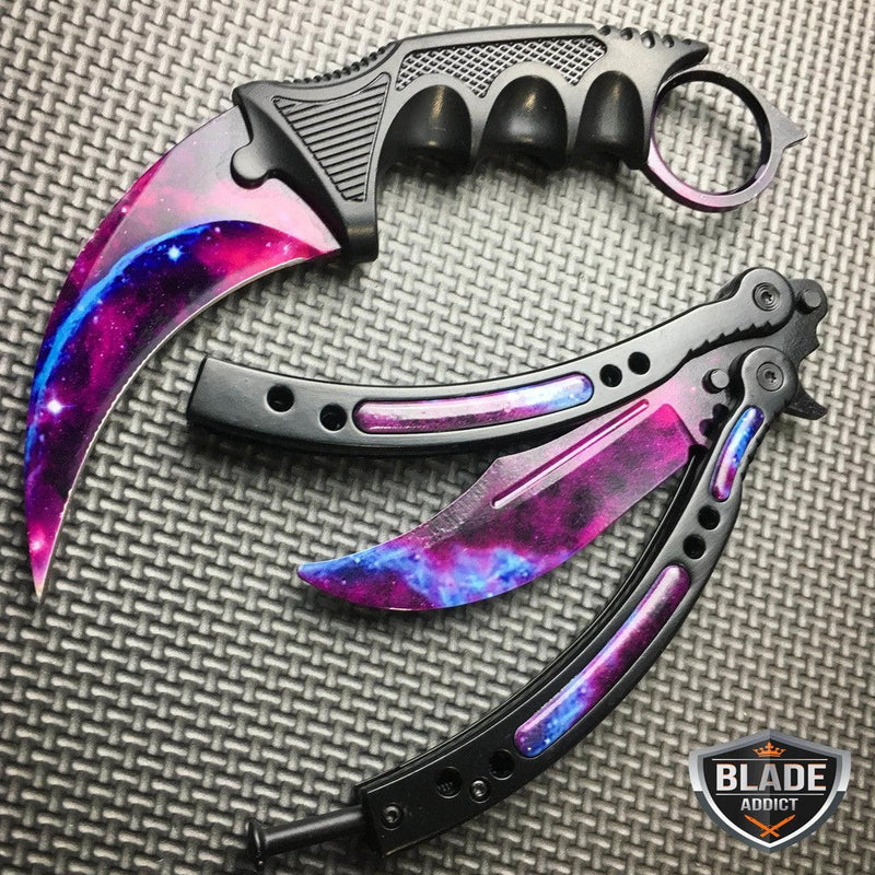 2PC CSGO Black Galaxy Karambit Fixed Blade + Butterfly Balisong Trainer Knife - BLADE ADDICT