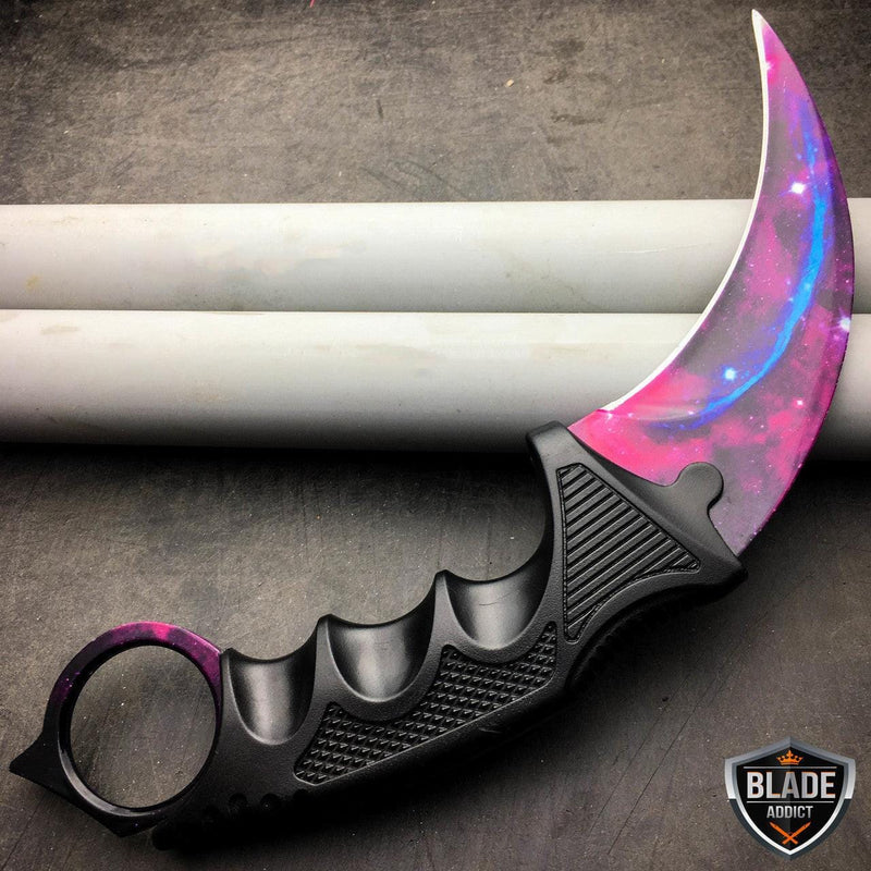 2PC CSGO Black Galaxy Karambit Fixed Blade + Butterfly Balisong Trainer Knife - BLADE ADDICT