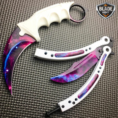 2PC CSGO White Galaxy Karambit + Butterfly Balisong Trainer Knife - BLADE ADDICT