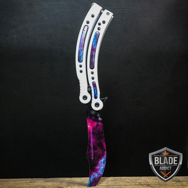 2PC CSGO White Galaxy Karambit + Butterfly Balisong Trainer Knife - BLADE ADDICT