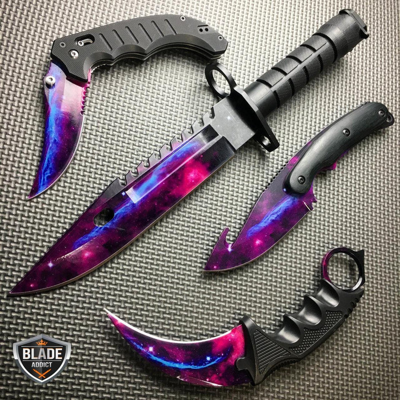 4 PC Black Galaxy Gut Hook Fixed Blade Bayonet FLIPPER Knife Karambit - BLADE ADDICT