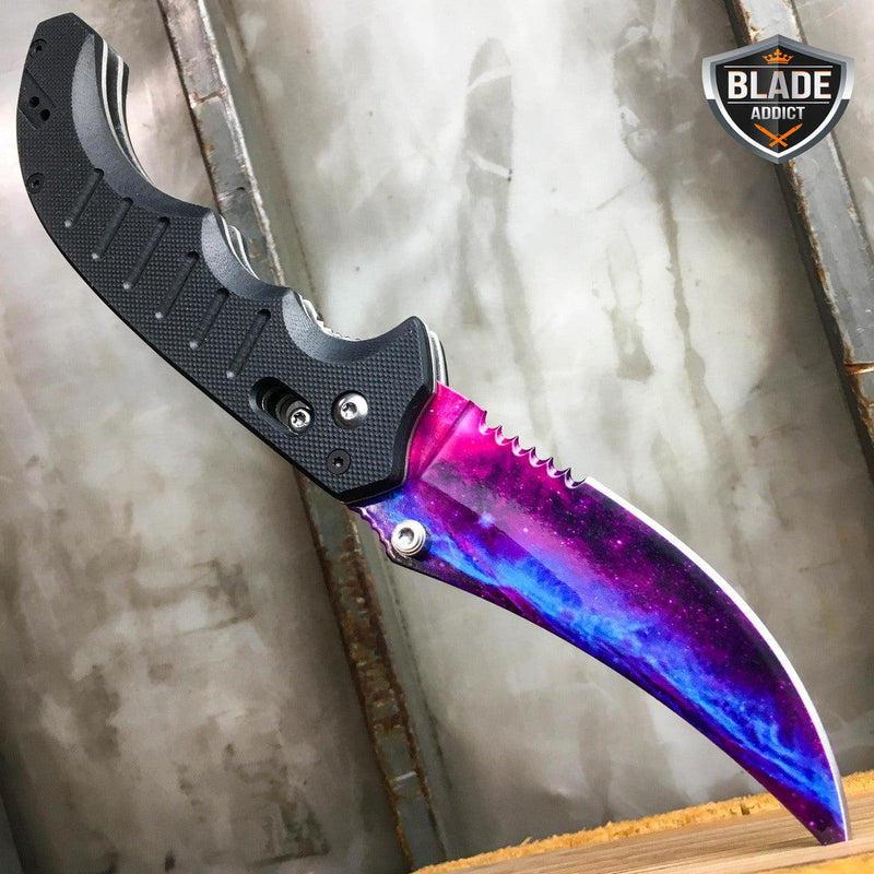 4 PC Black Galaxy Gut Hook Fixed Blade Bayonet FLIPPER Knife Karambit - BLADE ADDICT