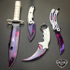 4 PC White Galaxy Fixed Blade Hunting Knife Guthook Balisong Butterfly Bayonet Karambit Collection - BLADE ADDICT